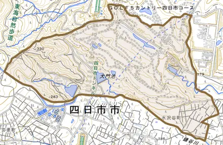 北谷町とその周辺の地図。町の範囲を重ねている