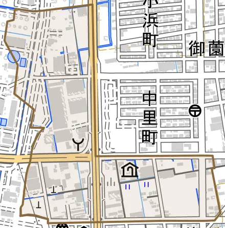 塩浜栄町とその周辺の地図。町の範囲を重ねている