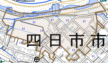 大矢知町出来山とその周辺の地図。町の範囲を重ねている