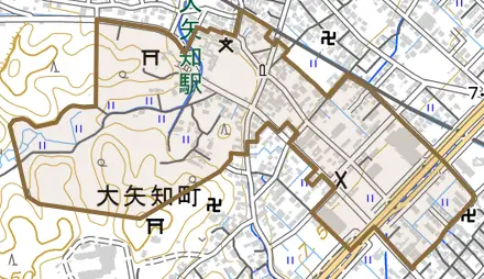 大矢知町古家とその周辺の地図。町の範囲を重ねている