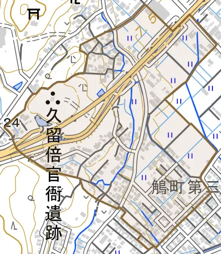 大矢知町東谷とその周辺の地図。町の範囲を重ねている