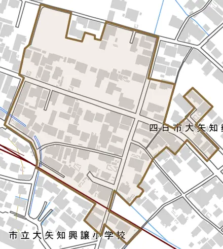 大矢知町東陣屋とその周辺の地図。町の範囲を重ねている