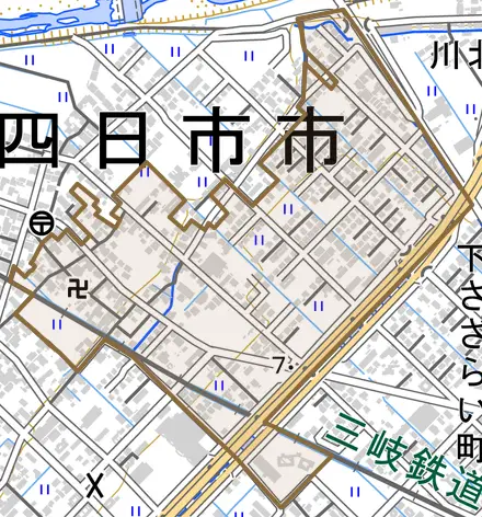 大矢知町礫井とその周辺の地図。町の範囲を重ねている