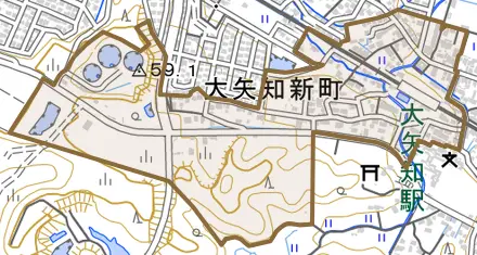 大矢知町西陣屋とその周辺の地図。町の範囲を重ねている
