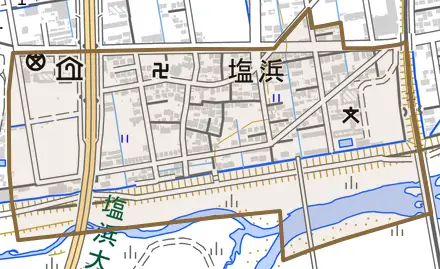 大里町とその周辺の地図。町の範囲を重ねている