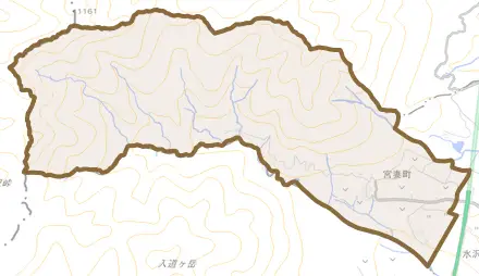 宮妻町とその周辺の地図。町の範囲を重ねている