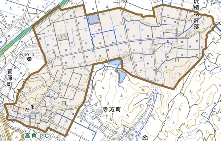 寺方町一区とその周辺の地図。町の範囲を重ねている
