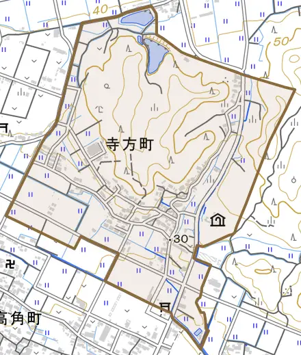 寺方町二区とその周辺の地図。町の範囲を重ねている