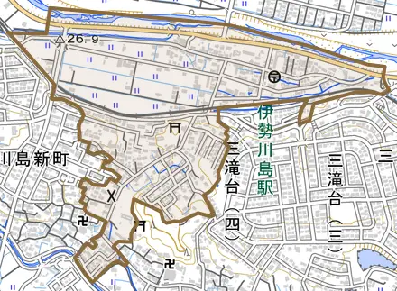 川島町北部とその周辺の地図。町の範囲を重ねている