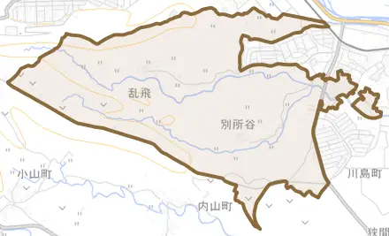 川島町南部とその周辺の地図。町の範囲を重ねている