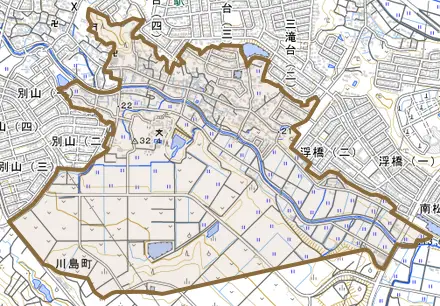 川島町東部とその周辺の地図。町の範囲を重ねている