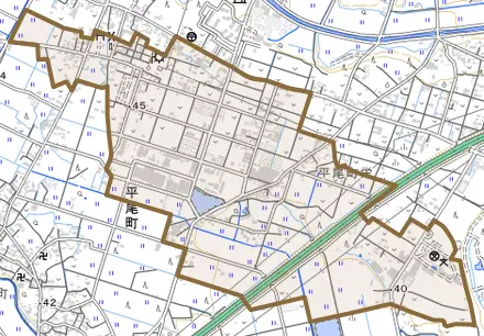 平尾町栄とその周辺の地図。町の範囲を重ねている