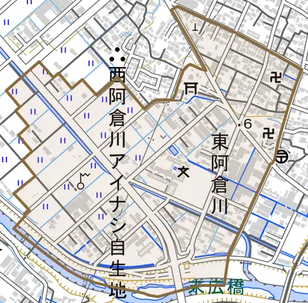 東阿倉川町二区とその周辺の地図。町の範囲を重ねている