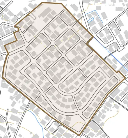 松カ丘とその周辺の地図。町の範囲を重ねている