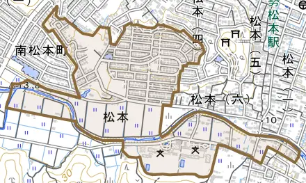 松本町とその周辺の地図。町の範囲を重ねている
