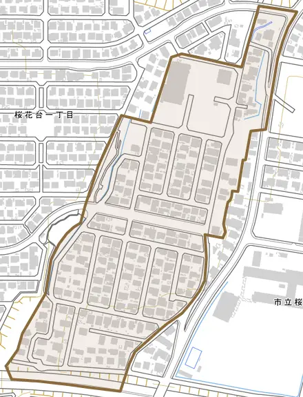 桜ケ丘とその周辺の地図。町の範囲を重ねている