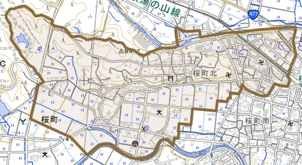 桜町北とその周辺の地図。町の範囲を重ねている