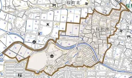 桜町南とその周辺の地図。町の範囲を重ねている