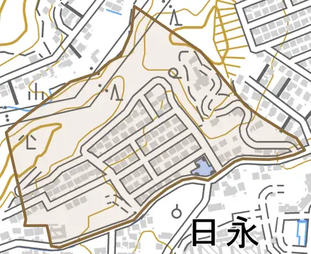 梅ケ丘町とその周辺の地図。町の範囲を重ねている