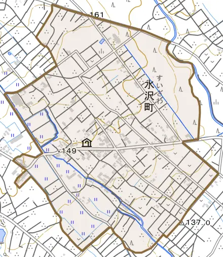 水沢中谷町とその周辺の地図。町の範囲を重ねている