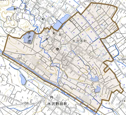 水沢本町とその周辺の地図。町の範囲を重ねている