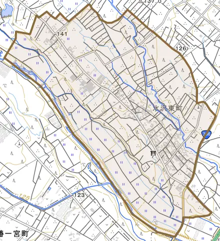 水沢東町とその周辺の地図。町の範囲を重ねている
