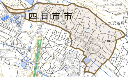 水沢谷町とその周辺の地図。町の範囲を重ねている