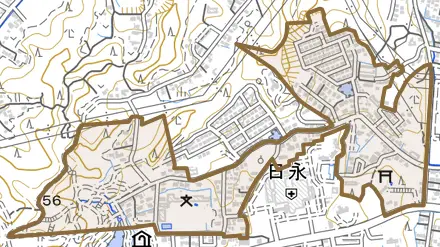 泊塚原町とその周辺の地図。町の範囲を重ねている