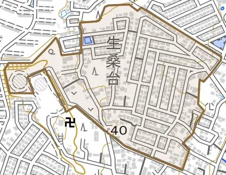 生桑台とその周辺の地図。町の範囲を重ねている