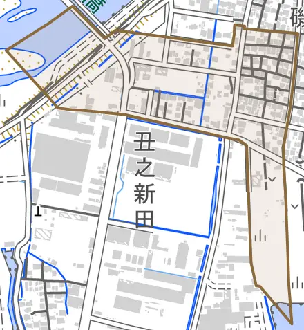 磯津西町とその周辺の地図。町の範囲を重ねている