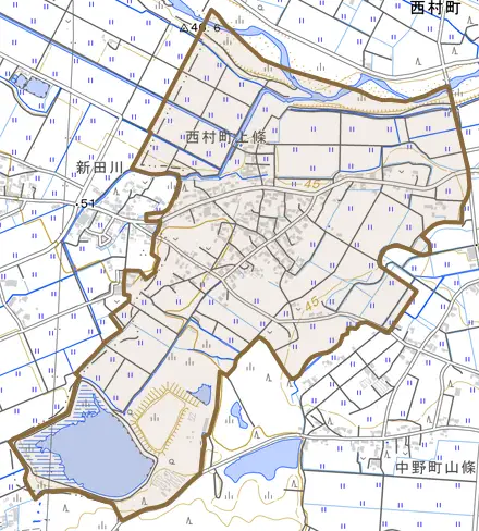 西村町上条とその周辺の地図。町の範囲を重ねている