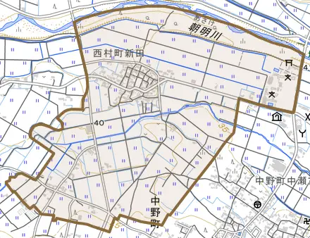 西村町新田とその周辺の地図。町の範囲を重ねている