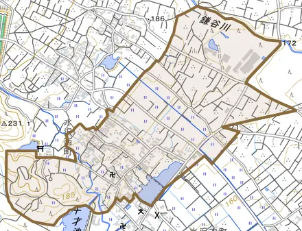 西條町とその周辺の地図。町の範囲を重ねている