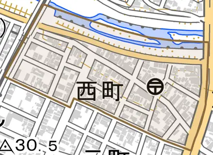 西町とその周辺の地図。町の範囲を重ねている
