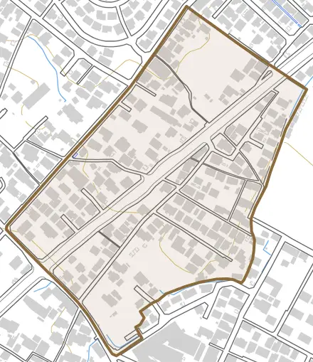 西阿倉川町一区とその周辺の地図。町の範囲を重ねている
