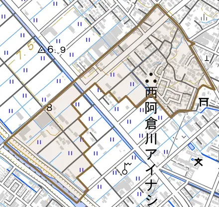 西阿倉川町五区とその周辺の地図。町の範囲を重ねている