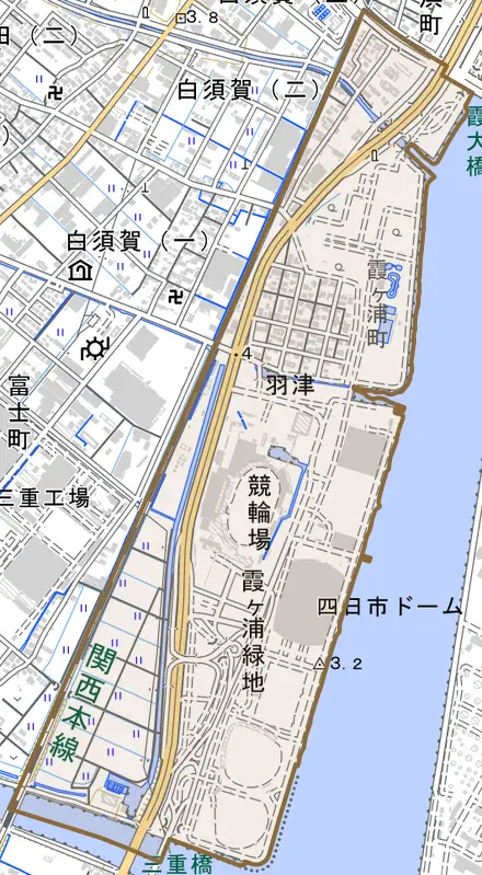 霞ケ浦町とその周辺の地図。町の範囲を重ねている