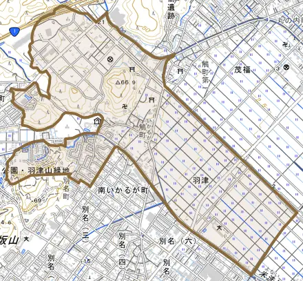 鵤町とその周辺の地図。町の範囲を重ねている