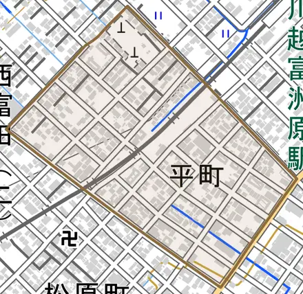 平町とその周辺の地図。町の範囲を重ねている