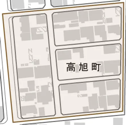 高旭町とその周辺の地図。町の範囲を重ねている