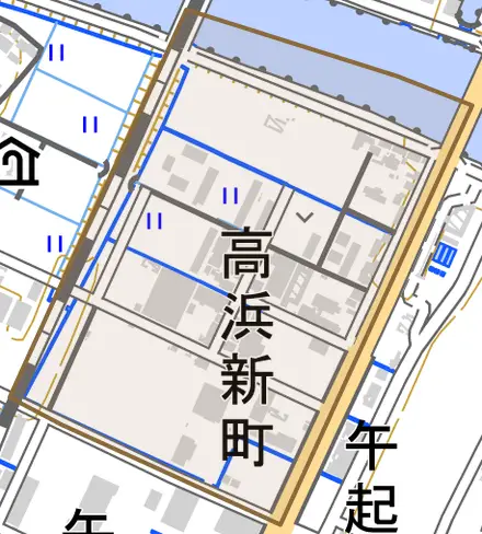 高浜新町とその周辺の地図。町の範囲を重ねている