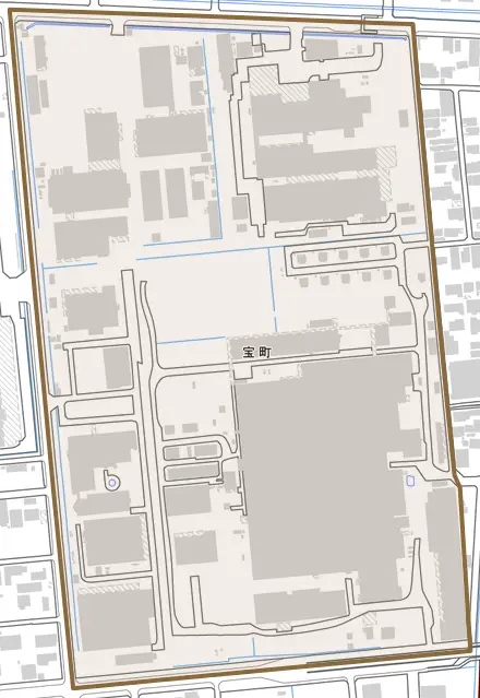 宝町とその周辺の地図。町の範囲を重ねている