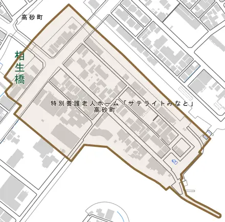 高砂町とその周辺の地図。町の範囲を重ねている