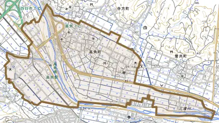 高角町とその周辺の地図。町の範囲を重ねている