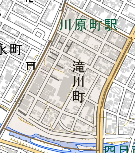 滝川町とその周辺の地図。町の範囲を重ねている
