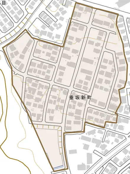 垂坂新町とその周辺の地図。町の範囲を重ねている