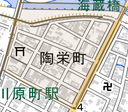陶栄町とその周辺の地図。町の範囲を重ねている