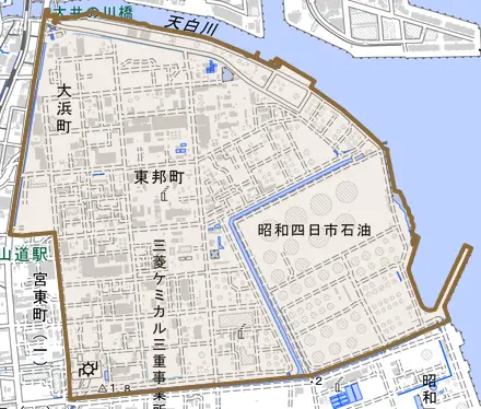 東邦町とその周辺の地図。町の範囲を重ねている