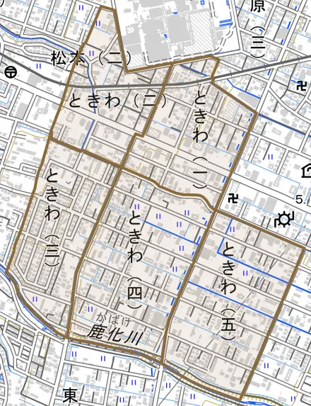 ときわとその周辺の地図。町の範囲を重ねている