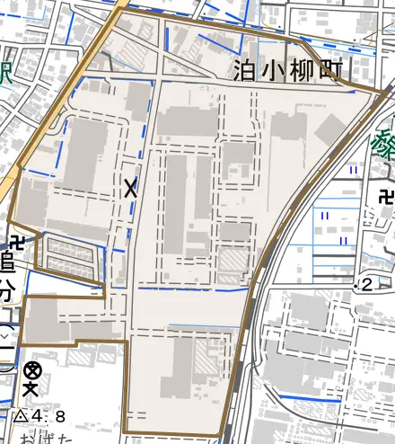 泊小柳町とその周辺の地図。町の範囲を重ねている